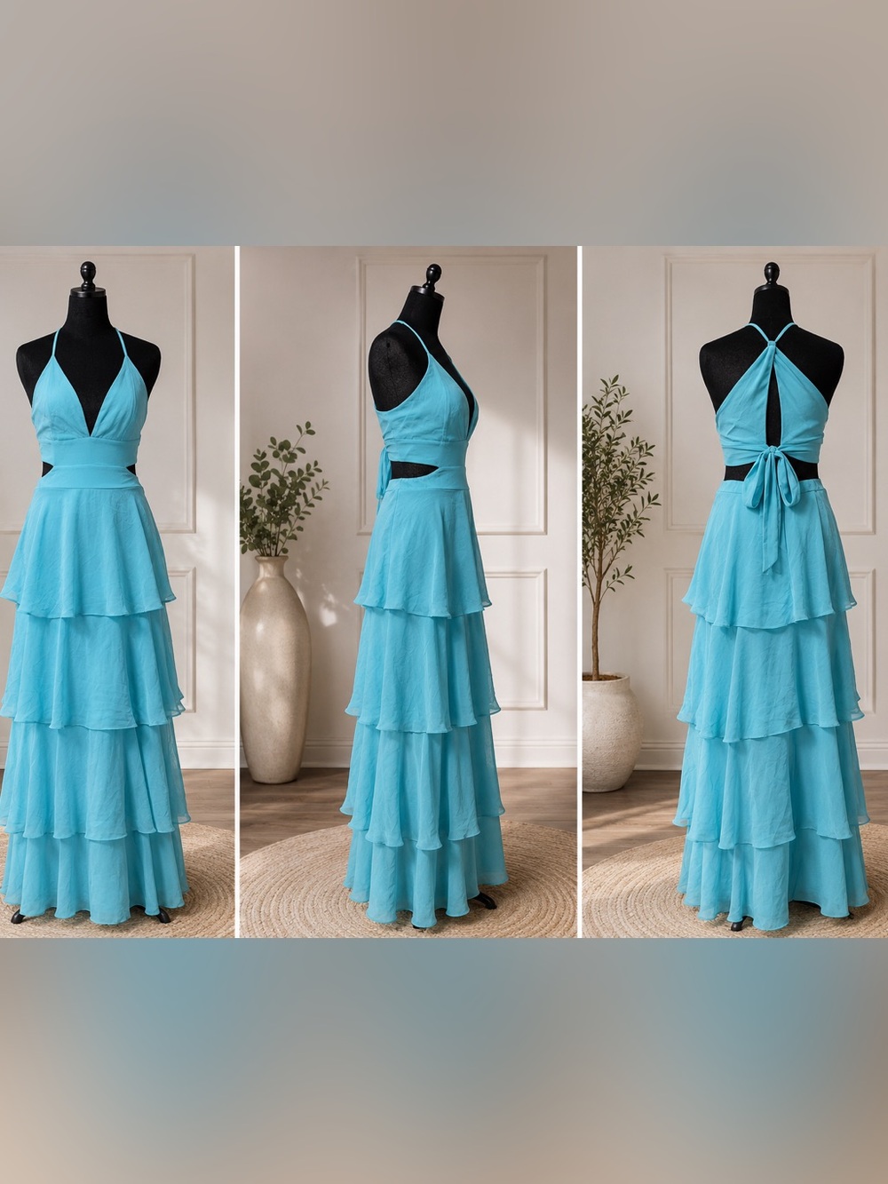 NWOT Lulus Tier and Now Aqua Blue Tie Back Tiered Maxi Dress